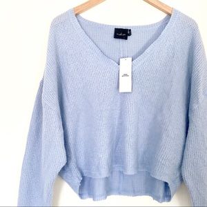 NWT URBAN OUTFITTERS Cropped Sky Blue V-Neck Dolman Sleeve Sweater Medium